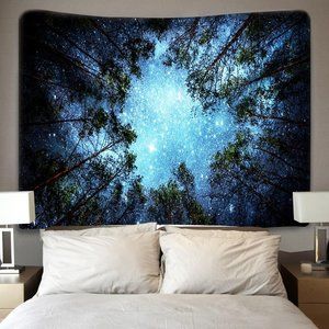 Starry Sky Trees Night Forest Big Wall Tapestry Woods Stars Blue Black Tree Tops
